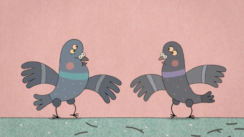 Sich gegenüberstehend tanzen ein Täuberich und eine Taubendame mit ausgebreiteten Flügeln.