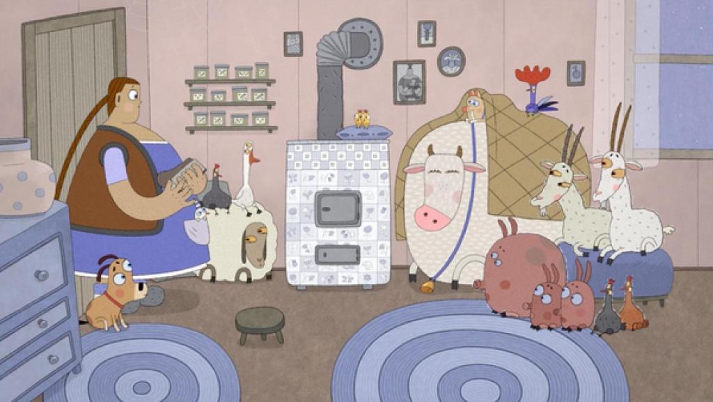 Lena steht in ihrer Wohnstube vor dem Kaminofen. In den Händen hat sie ein Scheit Holz. Alle Tiere ihres Hofes sind auch in dem Raum. Die Kuh mit einer Decke auf dem Rücken, auf der der Hahn und die Katze sitzen. Daneben das Schwein mit den zwei Ferkeln und zwei Hennen. Die zwei Ziegen sitzen auf dem Sessel daneben. Auf dem Kaminsims liegt ein Kissen, auf dem drei Küken sitzen. Zur Rechten von Lena sitzt ihr Hund. Zu ihrer Linken liegt das Schaf, auf dessen Rücken die Ente und die dritte Henne sitzen. Alle haben sich eng aneinander gekuschelt und um den Kaminofen versammelt, um das letzte bisschen Wärme abzubekommen.