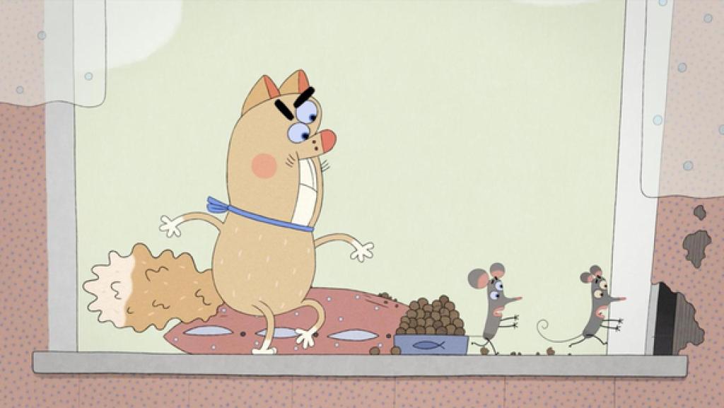 In der Küche steht Lenas Katze aufgebracht vor ihrem prall gefüllten Futternapf. Mit grimmigem Ausdruck verscheucht sie zwei Mäuse, die eilig zu einem Loch in der Wand rennen.