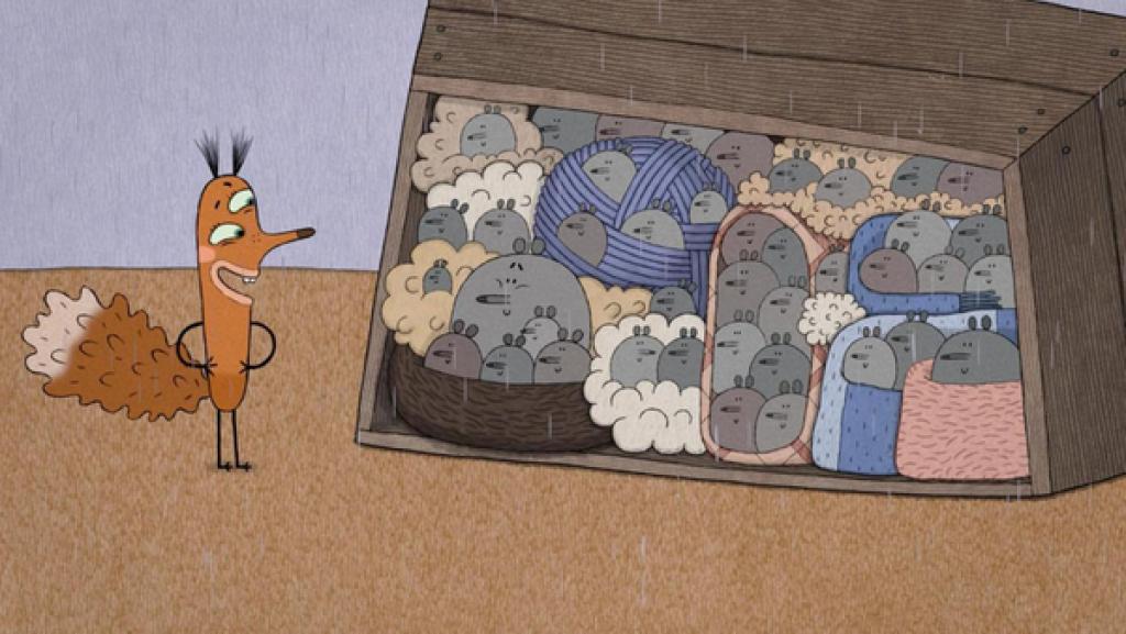 Das Eichhörnchen steht vor einer Holzkiste im Regen und freut sich. Es ist stolz auf sein Werk. Die Holzkiste, die mit der Öffnung zur Seite steht, ist mit allerlei wärmenden Sachen eingerichtet, in denen sich unzählige Mäuse eingekuschelt haben.