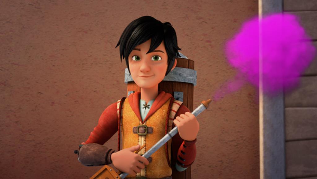 Leo da Vinci vor einer Mauer sprüht farbiges Pulver