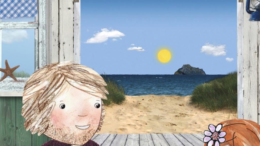 Lily und Papa basteln eine Windmühle aus Strandschätzen.