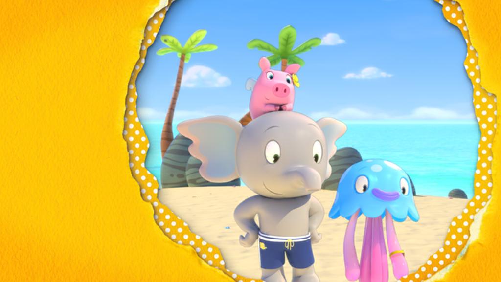 Mamfie | Rechte: KiKA Elefant Mamfie mit Schweinchen Pinkie und Qualle Takolo am Strand