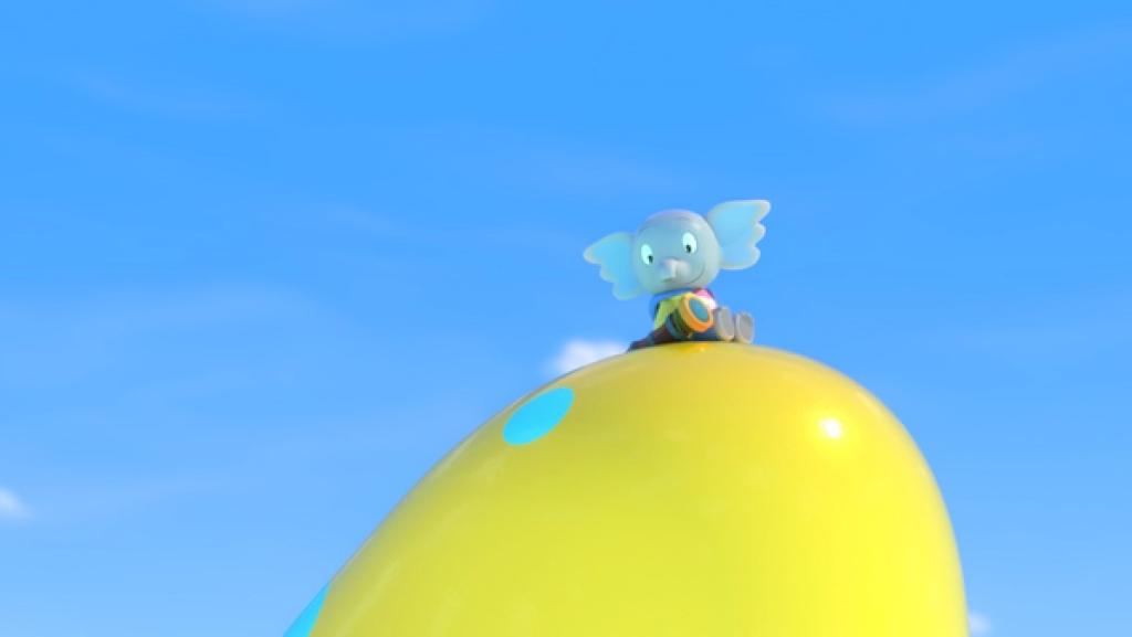 Die Wal-Frau Mo schwimmt im Meer. Auf ihr sitzt der Elefant Mamfie. Die beiden schauen sich an.