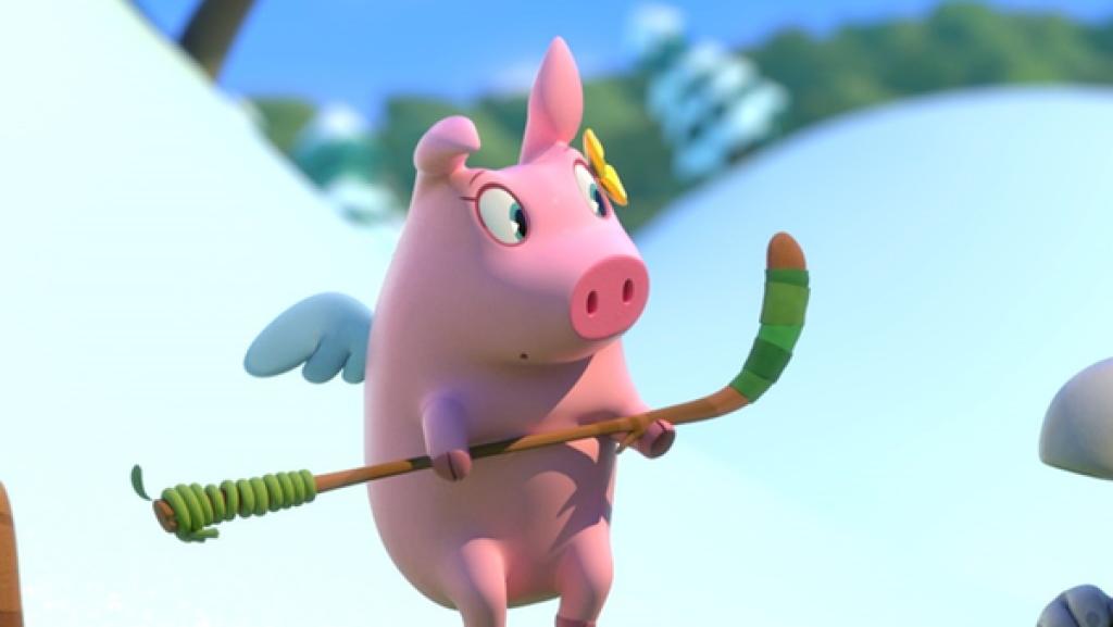 Schwein Pinkie und Elefant Mamfie haben Hockey-Schläger in den Händen. Sie schauen sich verdutzt an.