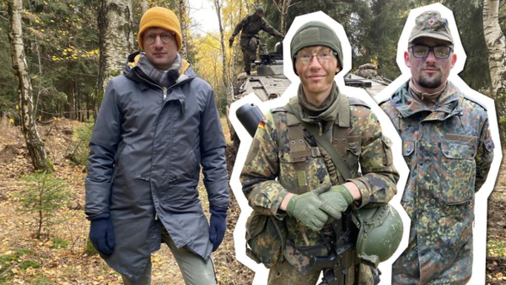 Robert steht im Wald. Neben ihm sind zwei Soldaten eingeblendet.