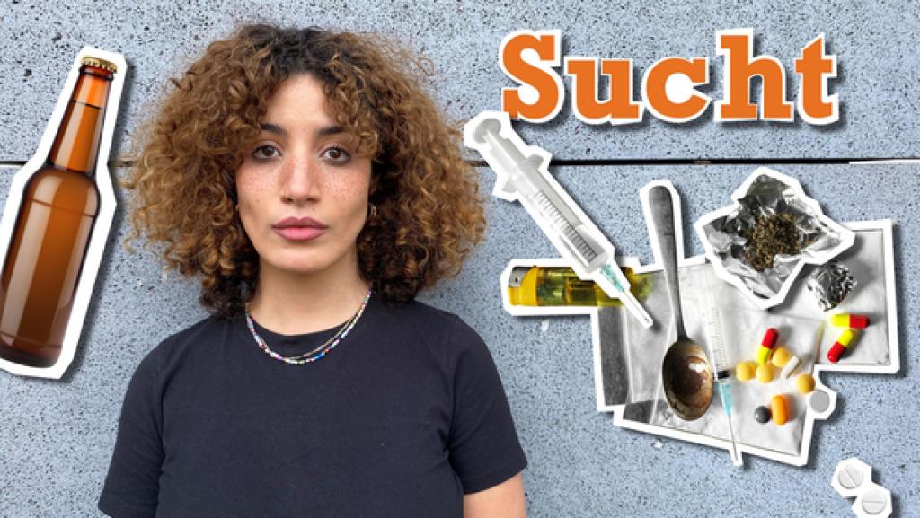 Reporterin Tessniem ist neben dem Schriftzug 'Sucht' und verschiedenen Drogen zu sehen.