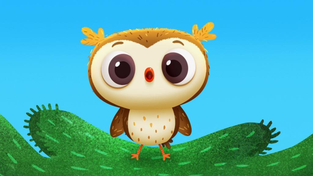 Rechte: KiKA/Sixteen South & Letko Odo stellt in einem hohen Baum fest, wie weit er mit seinem Eulenblick schauen kann.