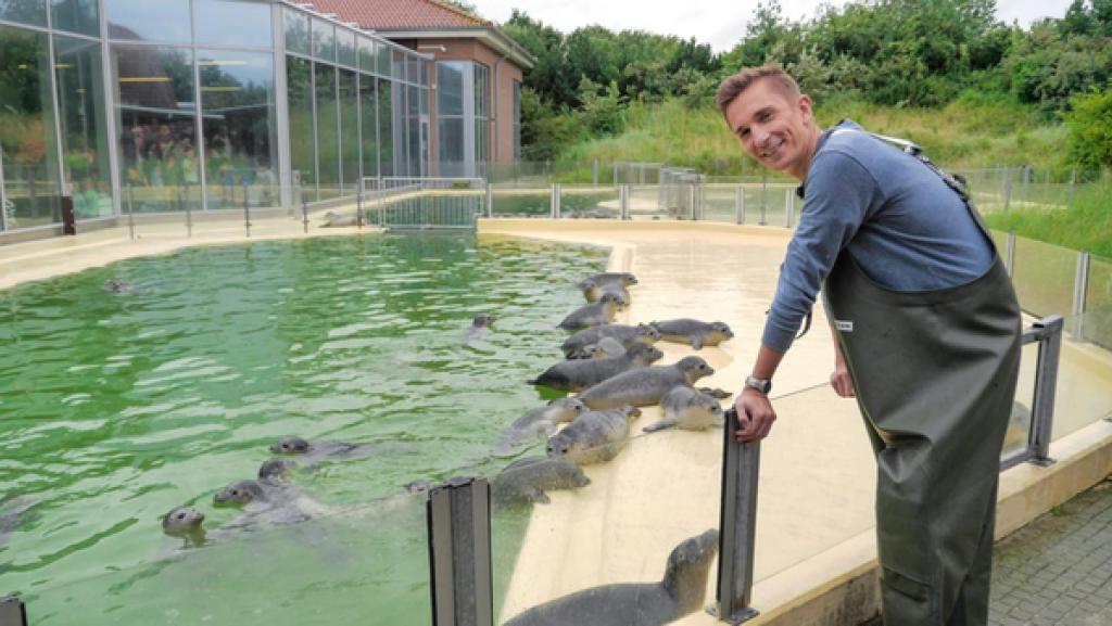 Eric lehnt an einer Glaswand, hinter der ein Robbenbecken zu sehen ist.