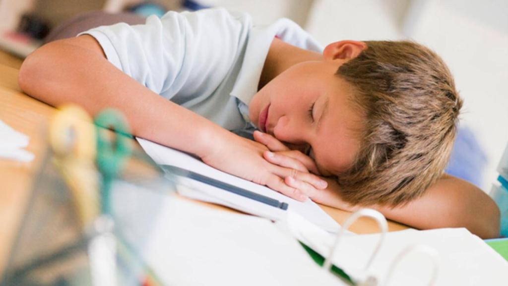 Junge liegt schlafend mit dem Kopf auf seinem Schreibtisch