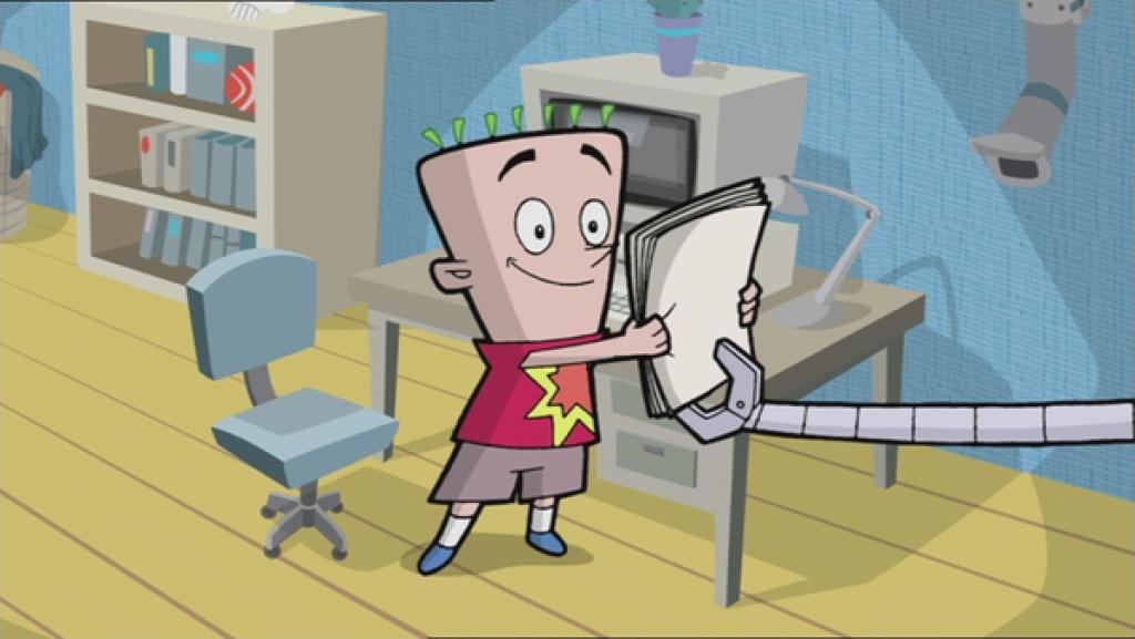 Junge nimmt ein Stapel Papier von Roboterarm entgegen