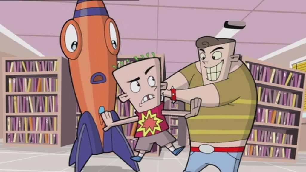 Rocket und Vinnie Q in einer Bücherei. 