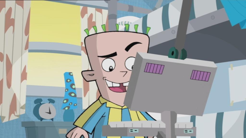 Vinnie Q im Kinderzimmer vor einem Monitor. 