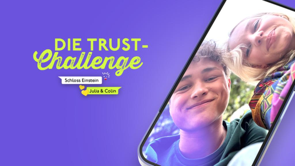 Die Trust-Challenge | Rechte: MDR/ KiKA Colin, Julia als Bild auf dem Handy, Logo "Die Trust-Challenge", Hintergrund lila