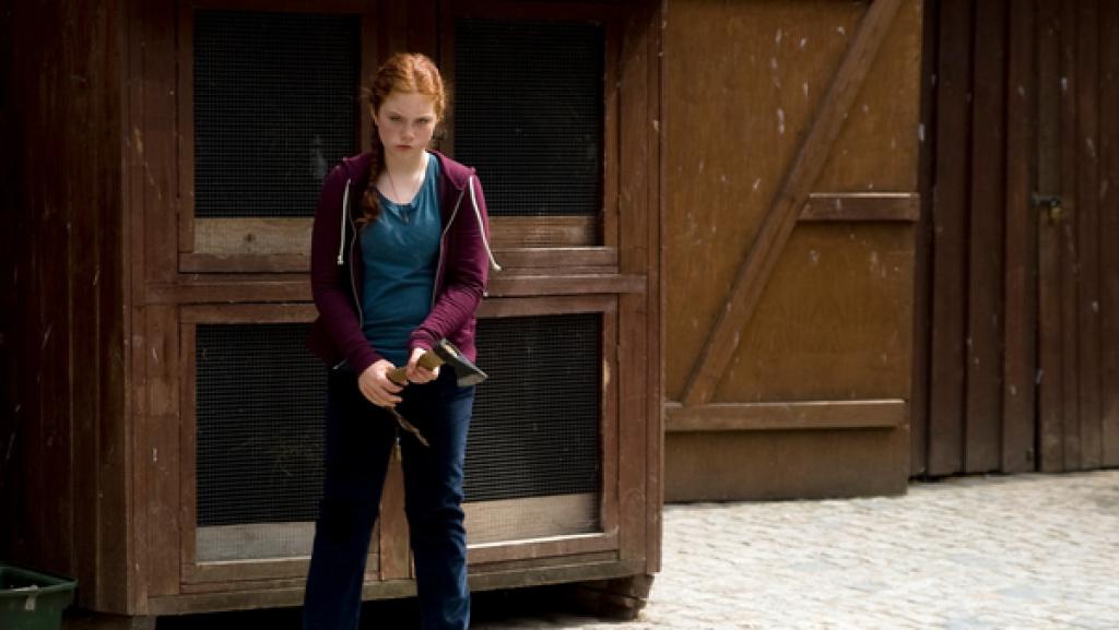 Ein Mädchen steht vor einem Stall.