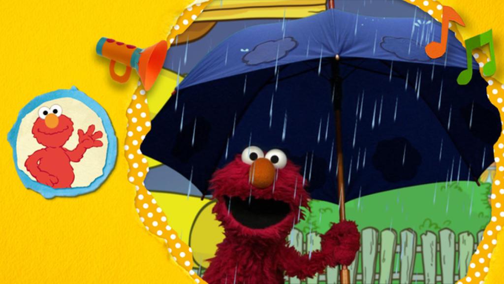 Elmo hält einen blauen Regenschirm