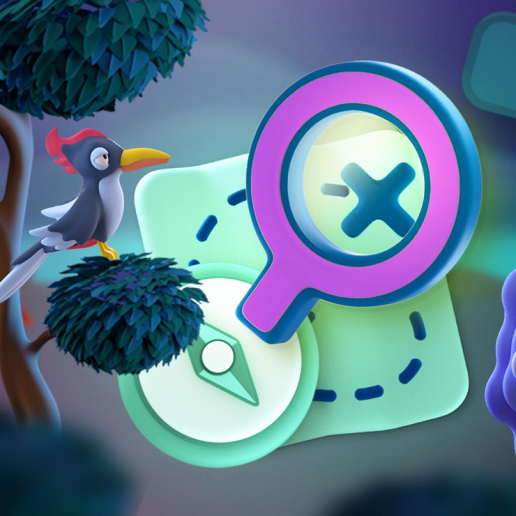 Schafe und Vogel mit Lupe