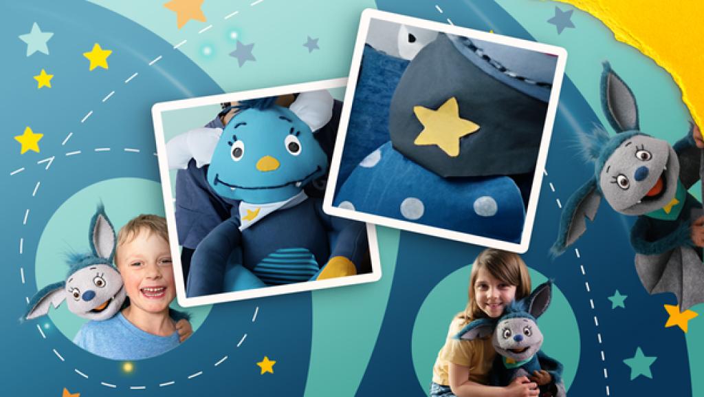 Fidi, die blaue Fledermaus, in einer bunten Collage mit Kindern.
