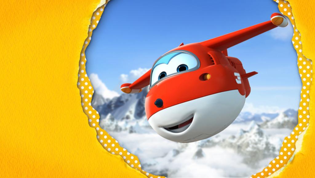 Super Wings | Rechte: KiKA das rot-weiße Düsenflugzeug Jett fliegt über den Wolken