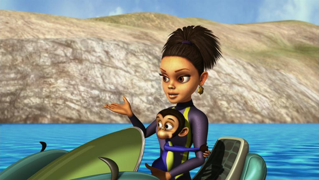 Rechte: KiKA/Mike Young Productions Dr. Kate und ihr Affe Scuba erklären Timmy und Bess, dass Vulkane auch unter Wasser ausbrechen können.