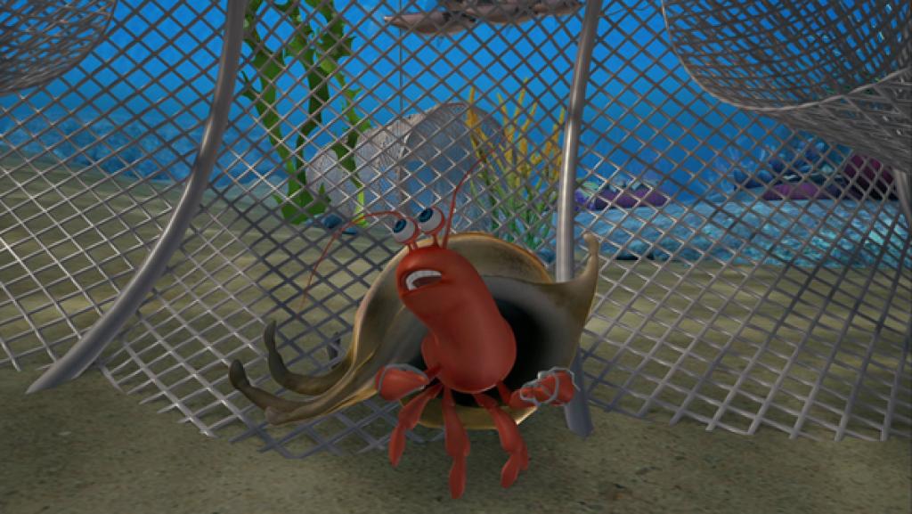 Rechte: KiKA/Mike Young Productions Einsiedlerkrebs Käpt’n Brandt gerät in die Falle eines Fischerbootes.