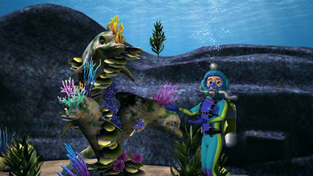 Rechte: KiKA/Mike Young Productions Taucher Tom ist stolz, eine verloren geglaubte Delfinstatue zum Geburtstag geschenkt zu bekommen.