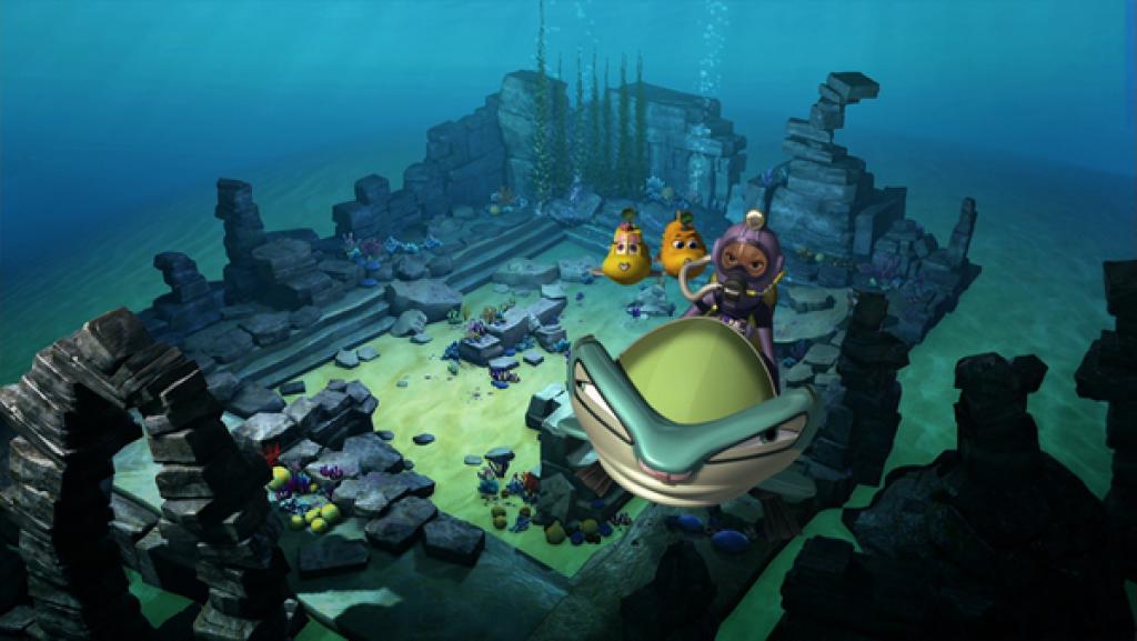 Rechte: KiKA/Mike Young Productions Dr. Kate und Scout suchen den Taucher, der eine antike Schrifttafel geklaut hat, Timmy und Bess bleiben am „Tatort“ zurück.