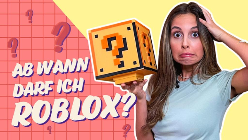 Moderatorin Soraya hält in der rechten Hand auf Kopfhöhe einen Würfel mit Fragezeichen darauf. Daneben in weißer Schrift die Frage: Ab wann darf ich Roblox?