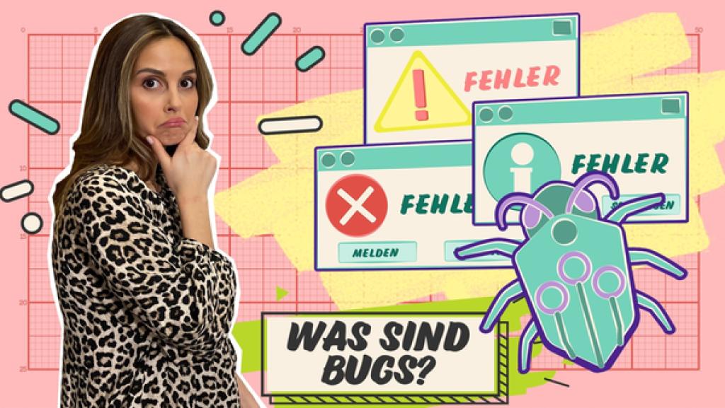 Soraya steht links und hält mit skeptischem Blick die Hand am Kinn. Neben ihr drei Computer-Fehlermeldungen. Darauf eine Grafik eines Insekt. Mittig am unteren Rand eine Tafel mit der Frage: Insekten im Computer?