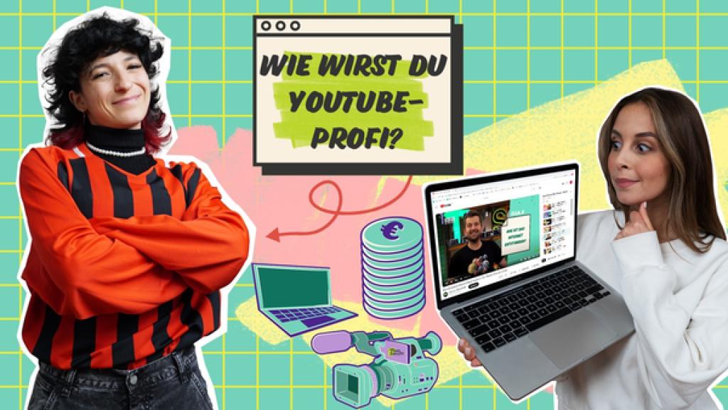 Rechte: KiKA Links YouTuberin Shirli lächelnd mit verschränkten Armen vor der Brust. Rechts steht Soraya und schaut auf einen aufgeklappten Laptop, den sie vor sich in der Hand hält. Zwischen den beiden eine Tafel mit der Frage: Wie wirst du YouTube-Profi? Darunter Grafiken von einem Laptop, einem Geldstapel und einer Kamera.