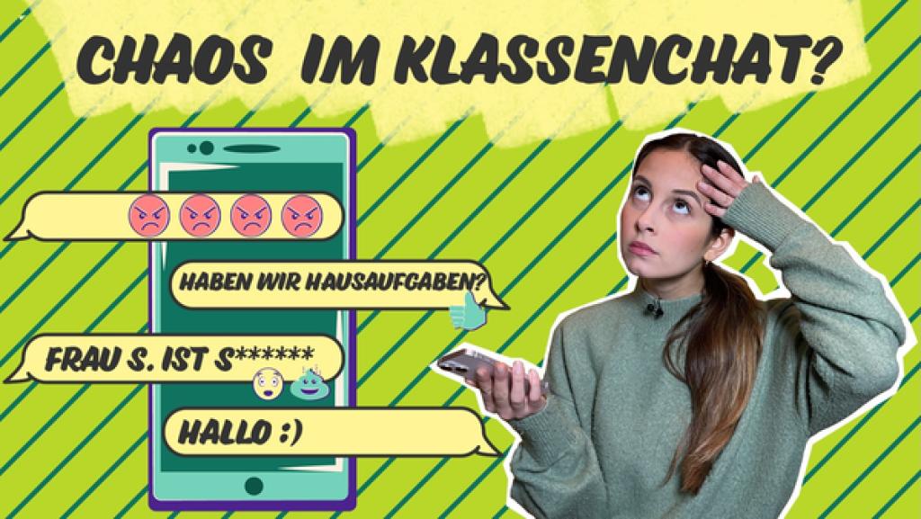Rechte: KiKA Soraya vor einem bunten Hintergrund mit Handy in der Hand. Sie schaut genervt nach oben. Über ihr steht der Text: Chaos im Klassenchat? Links neben ihr ist ein Handy mit vier Chatblasen als Grafik abgebildet.