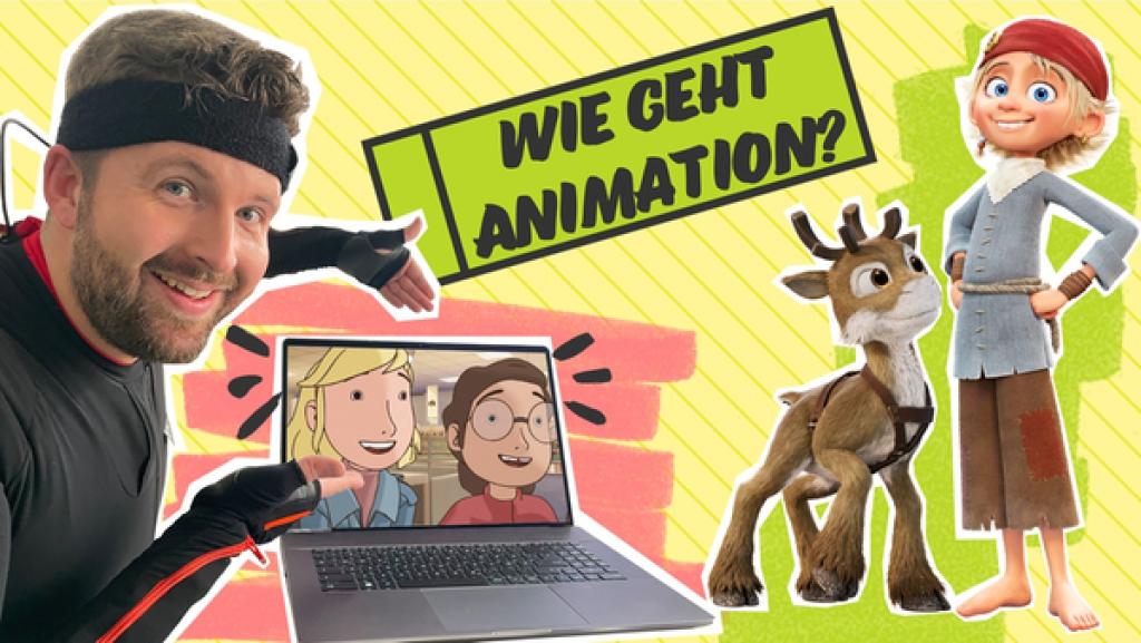 Rechte: KiKA/Torben Hagenau Tim in einem Tracking-Anzug. Rechts neben ihm ein aufgeklappter Laptop. Auf dem Bildschirm sind Fritzi und Sophie aus dem Film Fritzi - Eine Wendewundergeschichte zu sehen. Rechts stehen die animierten Figuren Rentier Niko und Piratin Mo. Oberhalb das Textfeld mit der Frage Wie geht Animation.