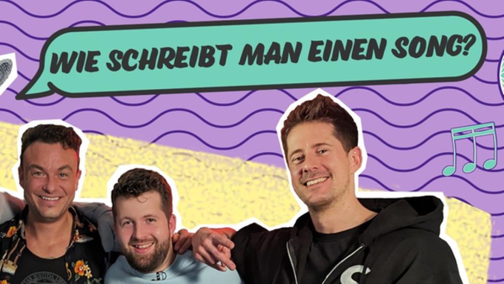 Rechte: KiKA DIKKA, Dag, Tim und Vince. Rechts neben Vince sind eine Discokugel und Noten. Oben ist eine Sprechblase mit dem Text Wie schreibt man einen Song.