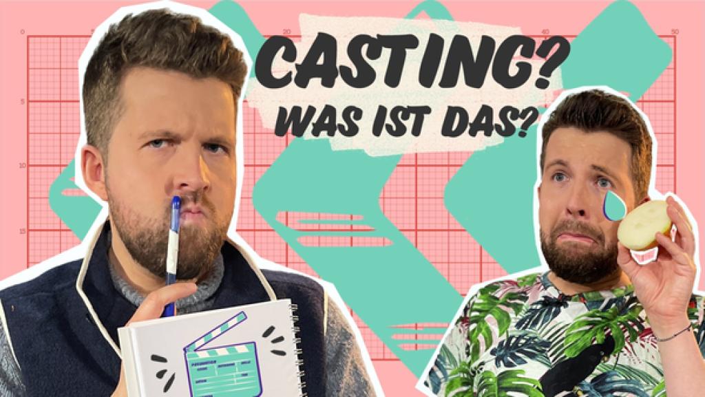 Rechte: KiKA Links steht Tim als Casting-Direktor. Er schaut streng und hat ein Notizbuch in der Hand. Rechts steht Tim als Casting-Teilnehmer mit einer Zwiebel in der Hand und Träne im Gesicht. Zwischen den beiden steht der Text: Casting? Was ist das?