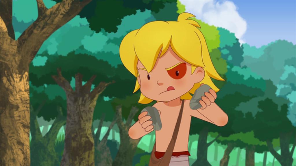 Es will Tib einfach nicht gelingen,  mit seinem Feuerstein ein Feuer zu entfachen