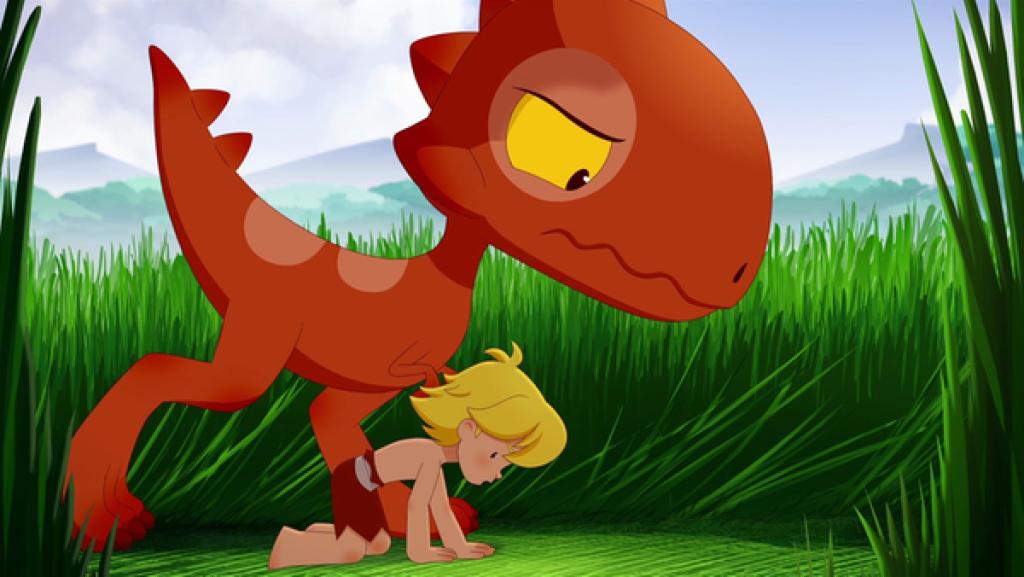 Tib und Tumtum entdecken auf der Ebene plattgedrücktes Gras in Form einer großen Spirale.