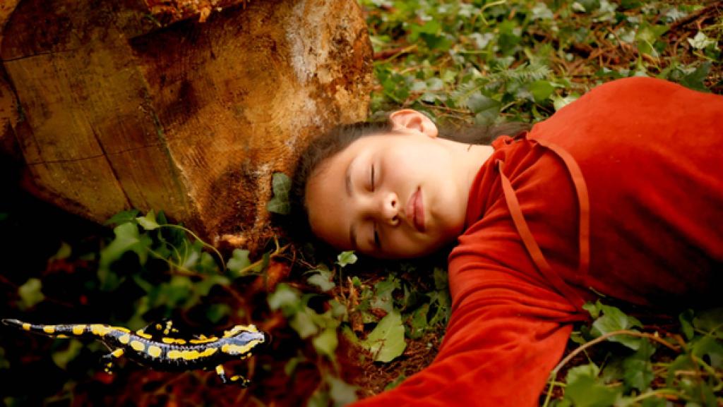 Ronja liegt bewusstlos neben einem Feuersalamander im Wald
