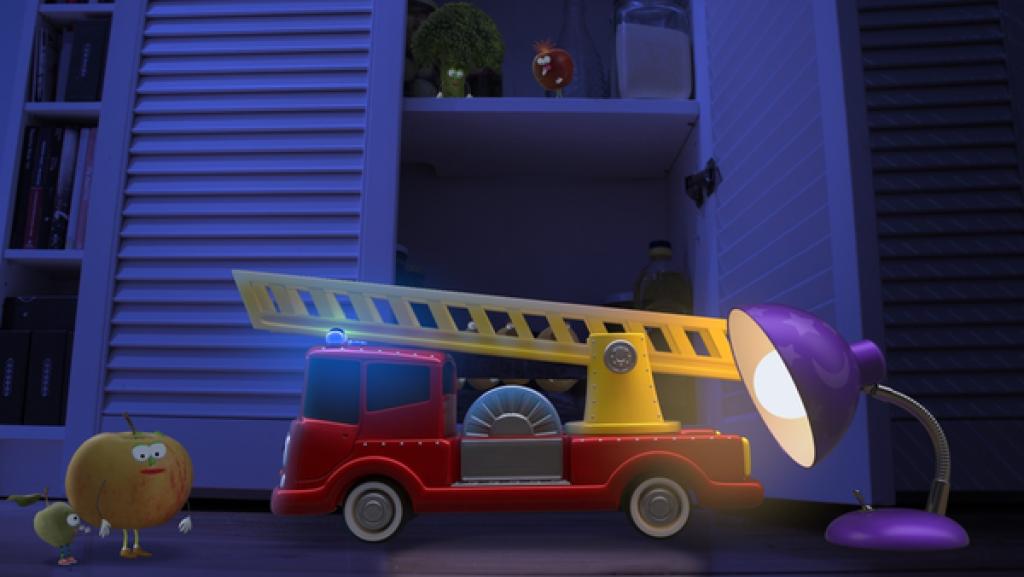 Wie sollen die beiden Äpfel wieder hinauf ins obere Fach kommen? Die kleine Lampe hat eine Idee!