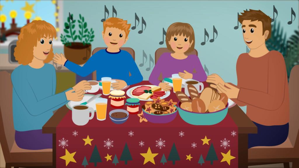 Adventsfrühstück | Rechte: KiKA Ein junge steht am geöffneten Kühlschrank. Der Tisch ist mit Geschirr gedeckt.