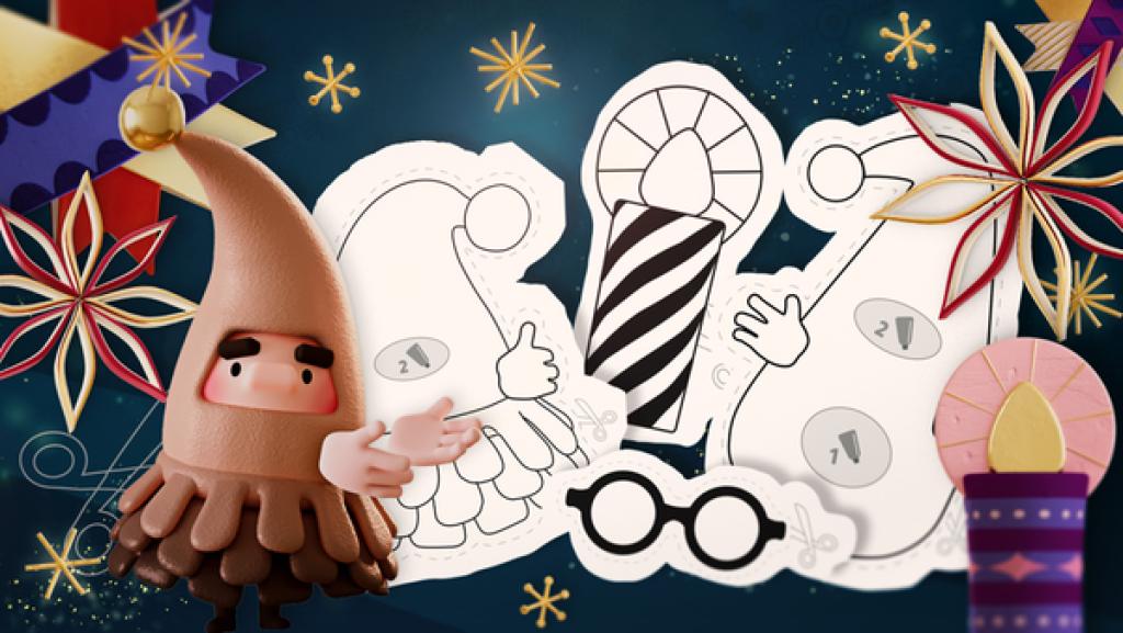 Bastel deinen eigenen Wichtel! | Rechte: KiKA Ein brauner KiKA-Weihnachtswichtel neben drei Elementen aus dem Wichtelbaukasten.