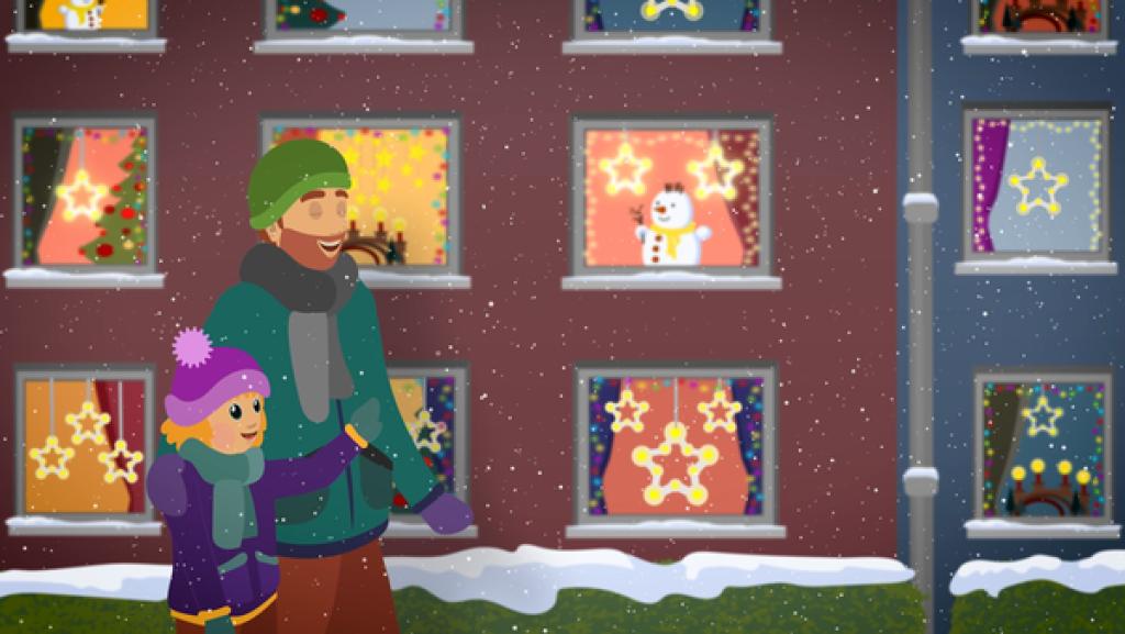 Sterne zählen | Rechte: KiKA Papa und Tochter gehen durch eine mit Sternen und Lichtern geschmückte Straße.