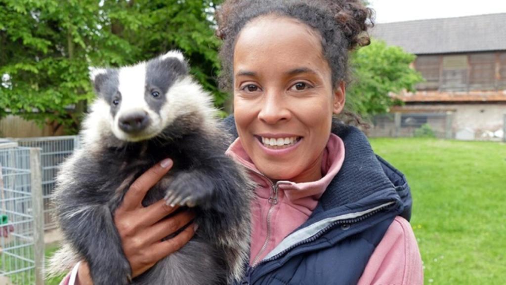 Voll die frechen Dachse! | Pia hält einen drei Monate alten Dachs auf dem Arm.