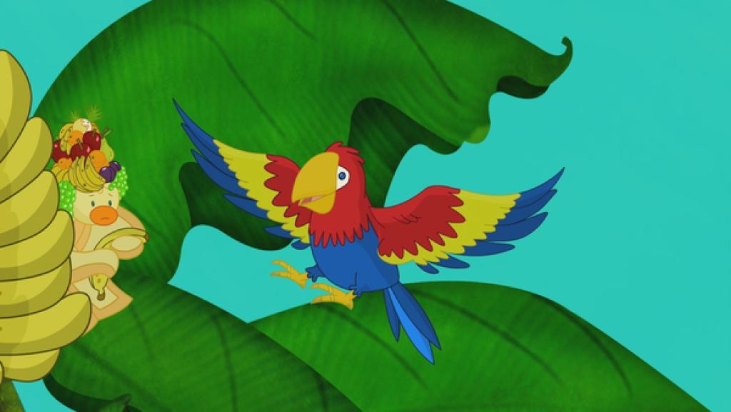 Rechte: KiKA/Mike Young Productions Papagei in einem Bananenstrauch.