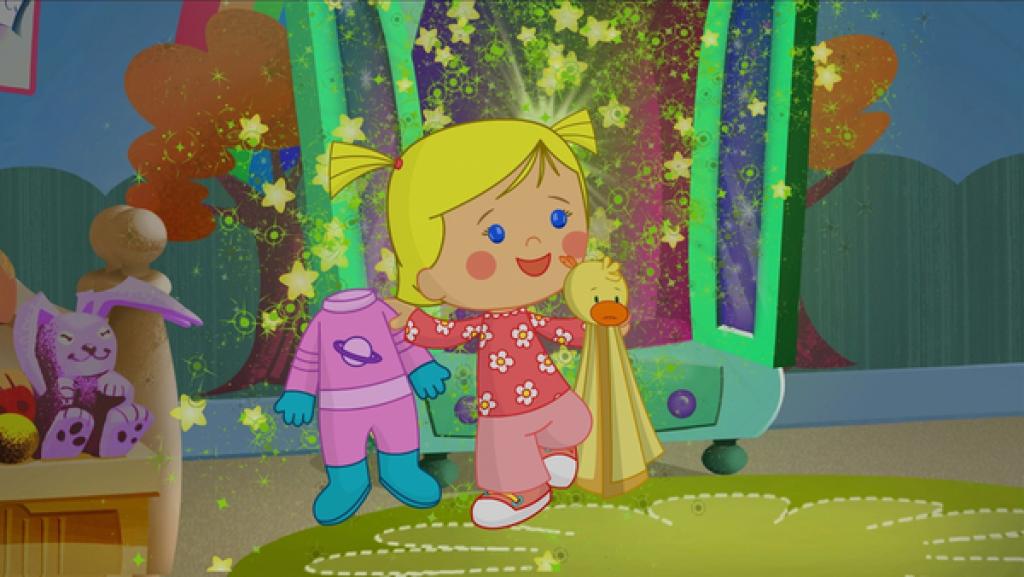 Rechte: KiKA/Mike Young Productions Zoé holt den rosa Astronautenanzug aus dem Zauberschrank.