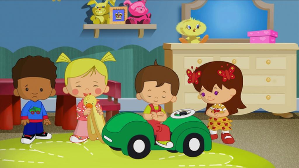 Rechte: KiKA/Mike Young Productions Hamid, Zoé, Max und Lili spielen zusammen.